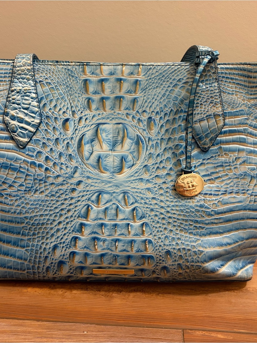 Brahmin Blue Croc-Embossed Satchel with Gold Medallion